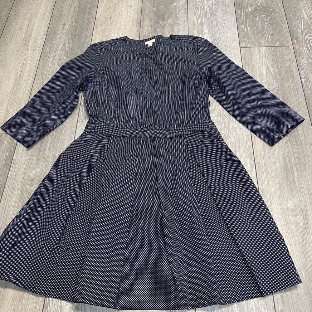Gap Womens Sheath Dress 8 Navy Blue White Micro Polka Dot 3/4 Sleeves Pleated